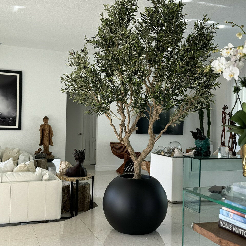 Luxury Artificial Mediterranean Olive Tree – Matte Black Sphere Vase Edition