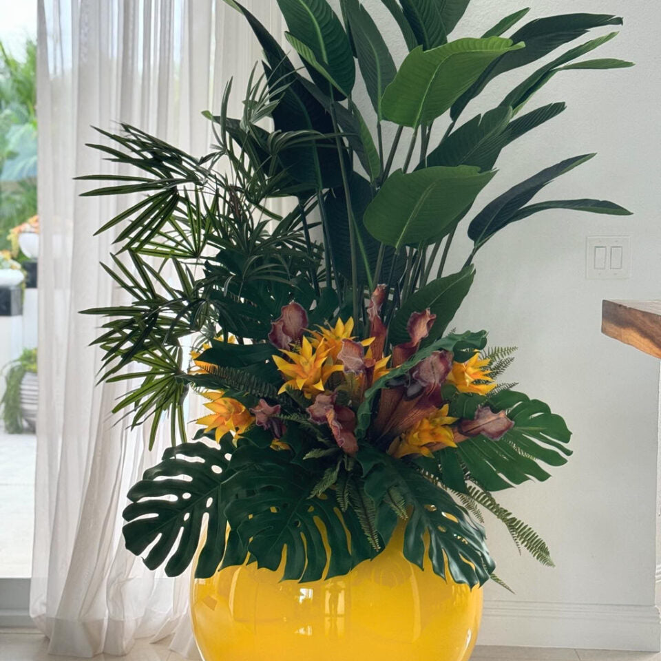 Tropical Grand Deluxe Arrangement with Bird of Paradise & Monstera in Yellow Gloss Bowl