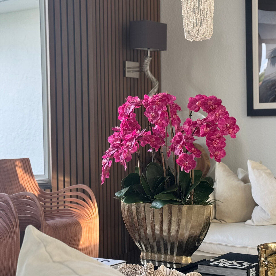 Fuchsia Phalaenopsis Orchid Luxury Arrangement in Gold Fluted Planter