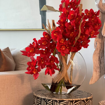 Red Cymbidiums in Moon Vase