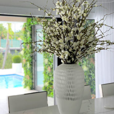White Mini Blossom Arrangement in Textured Ceramic Vase