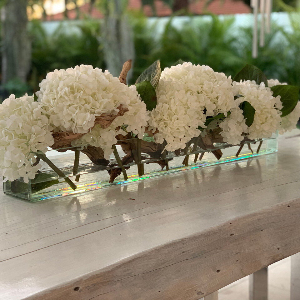 White Hydrangea Table Runner Arrangement – Natural Driftwood Base