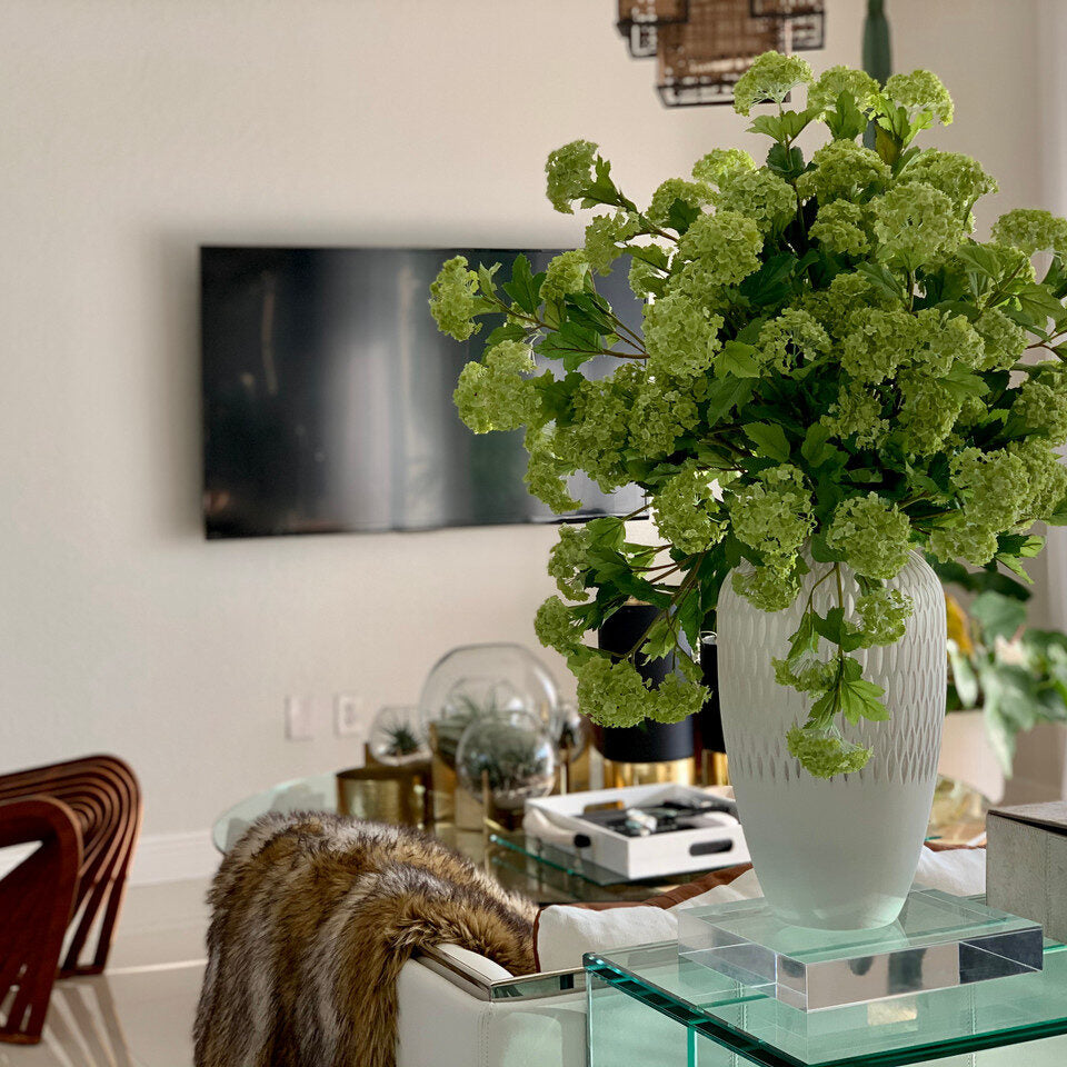 Lime Hydrangea Artificial Floral Arrangement – White Lattice Designer Vase