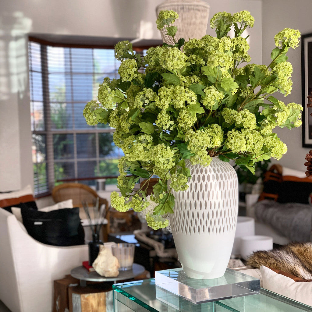 Lime Hydrangea Artificial Floral Arrangement – White Lattice Designer Vase