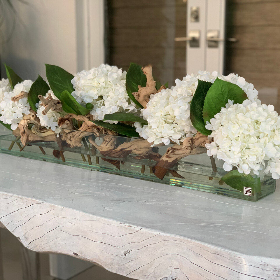 White Hydrangea Table Runner Arrangement – Natural Driftwood Base