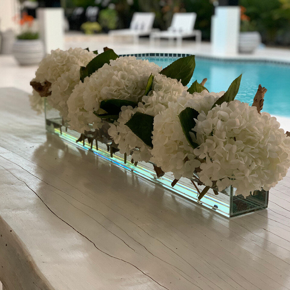 White Hydrangea Table Runner Arrangement – Natural Driftwood Base