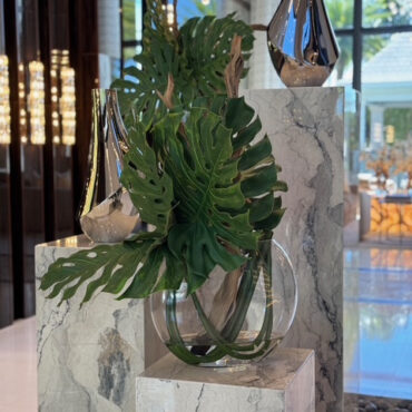 Modern Monstera Leaf Sculpture in Oval Glass Vase