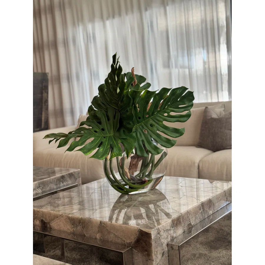Modern Monstera Leaf Sculpture in Oval Glass Vase