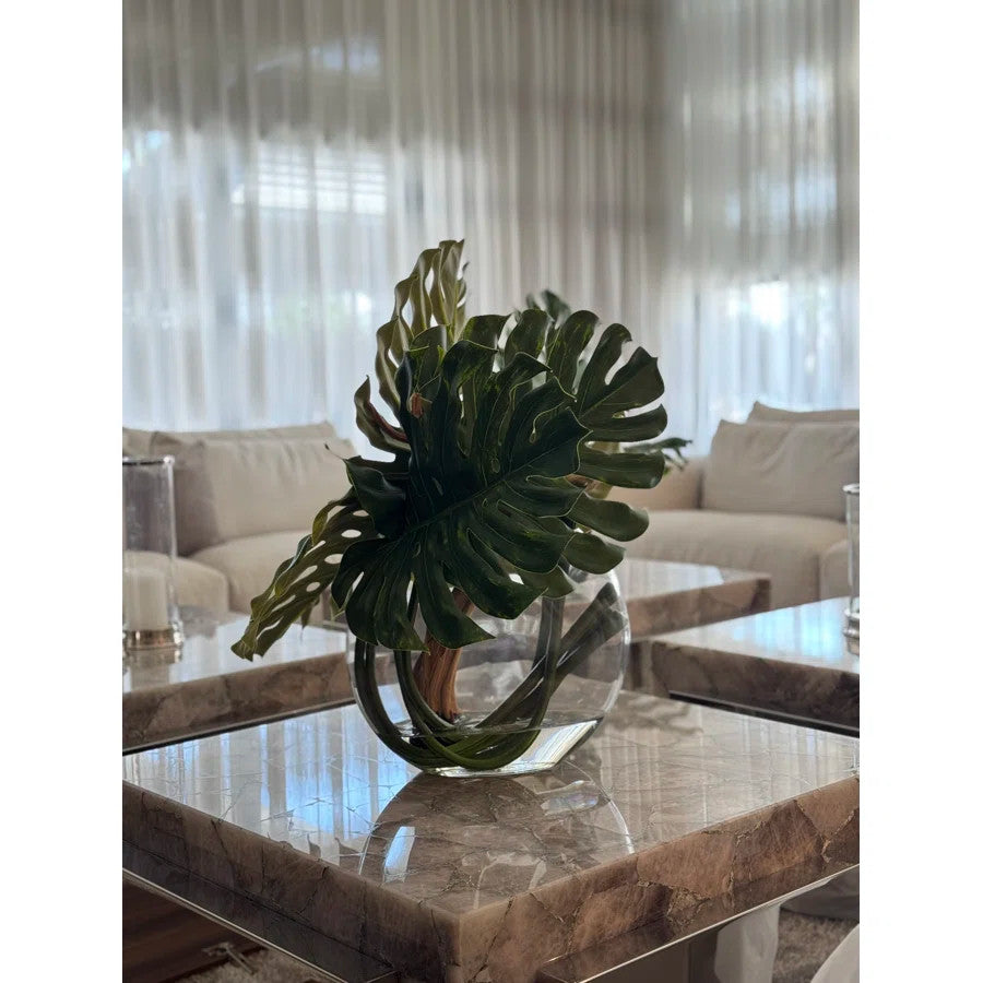 Modern Monstera Leaf Sculpture in Oval Glass Vase