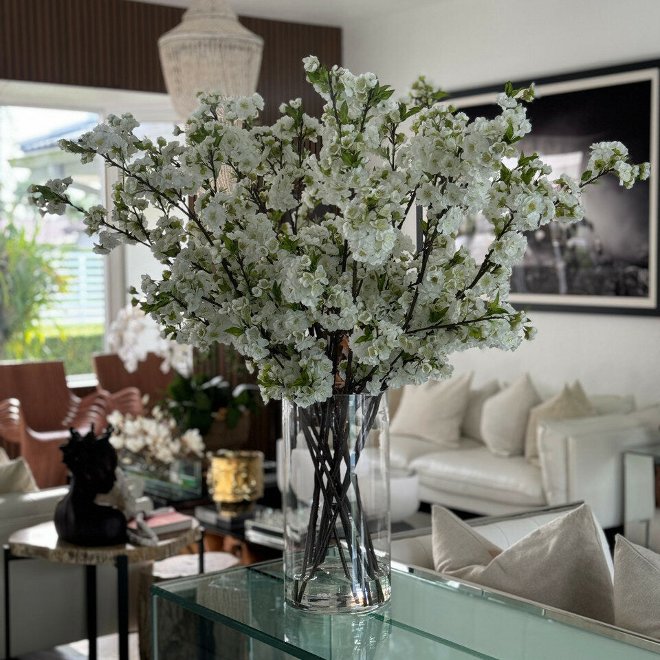 White Artificial Cherry Blossom Spray Arrangement – Tall Crystal Glass Vase
