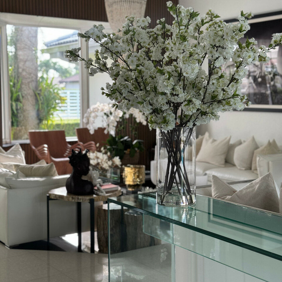 White Artificial Cherry Blossom Spray Arrangement – Tall Crystal Glass Vase