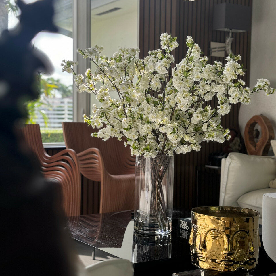 White Artificial Cherry Blossom Spray Arrangement – Tall Crystal Glass Vase