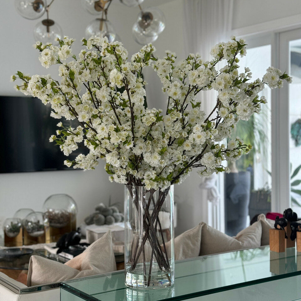 White Artificial Cherry Blossom Spray Arrangement – Tall Crystal Glass Vase